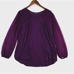 Lucky Brand Womens Long Sleeve Top Size XL Purple Sheer Pleated Lace Balloon